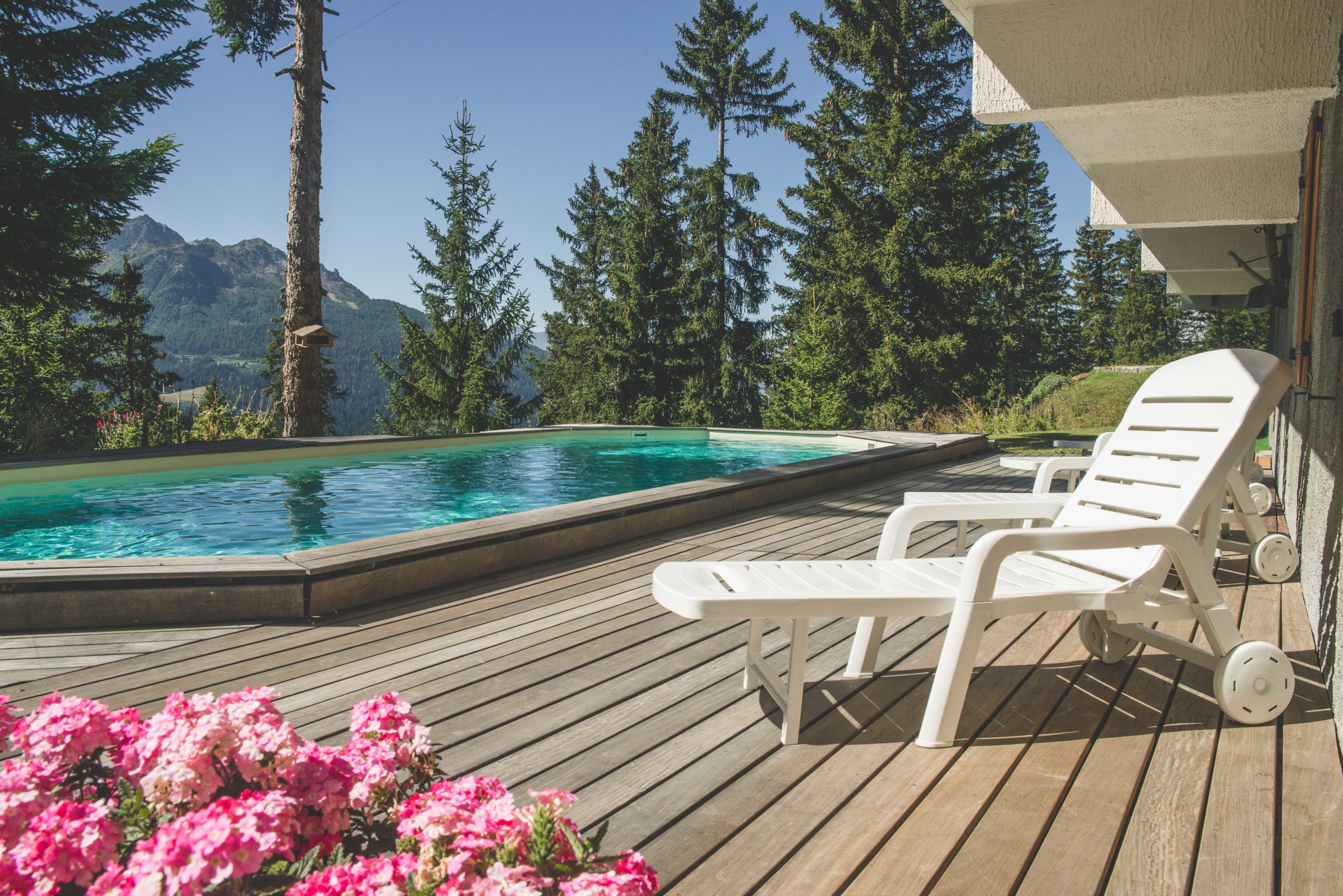 En été le chalet les Clarines propose une piscine extérieure chauffée avec une magnifique vue sur la vallée de la Tarentaise (Alpes).